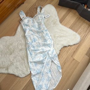 Cider Floral Ruffle Toile de Jouy Midi Dress